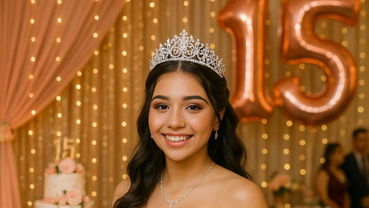 Young girl celebrating quinceañera in pink and gold gown with gold tiara