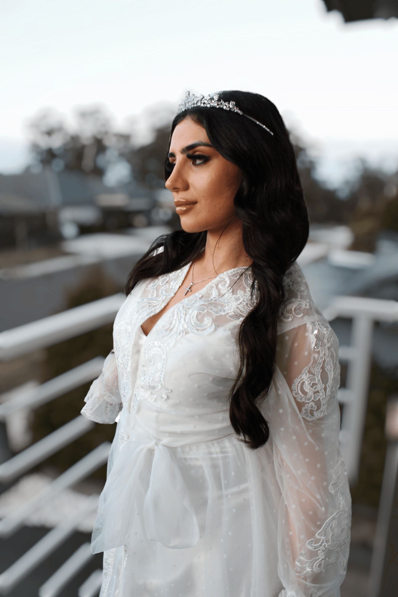Ariana Lace robe on bride wearing a tiara