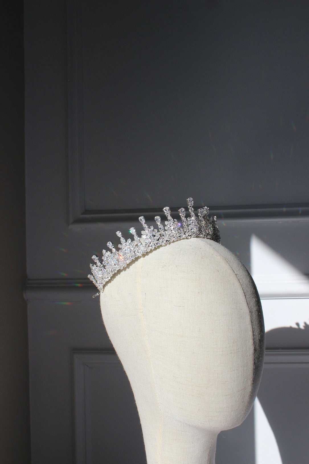 Silver bridal crown on mannequin