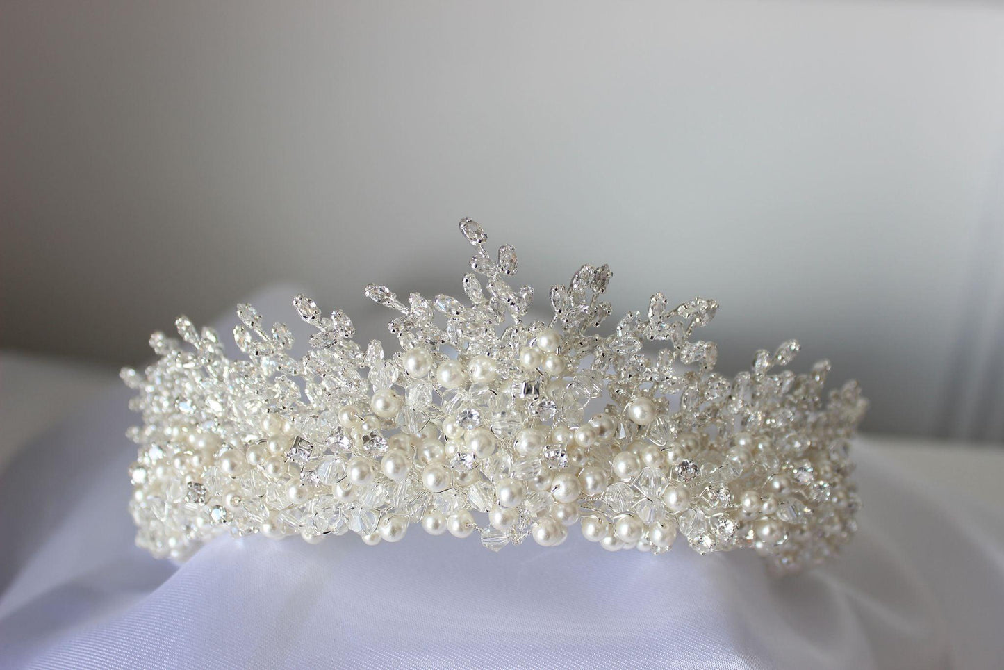 PRE-ORDER "SAMARA" Crystal & Pearl Bridal Crown - Silver