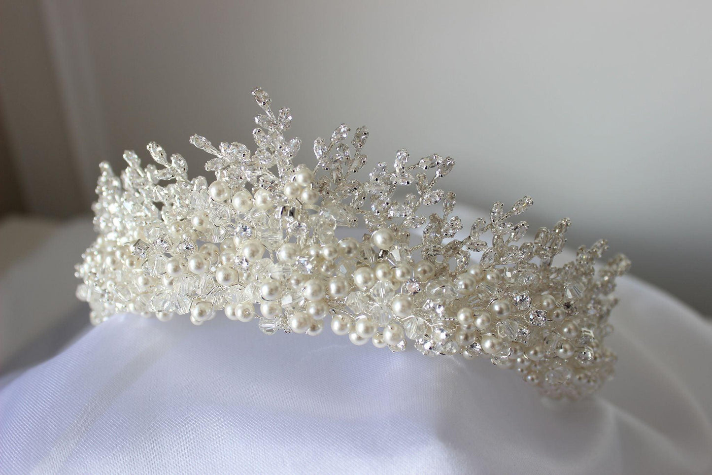 HIRE "SAMARA" Crystal & Pearl Bridal Crown - Silver