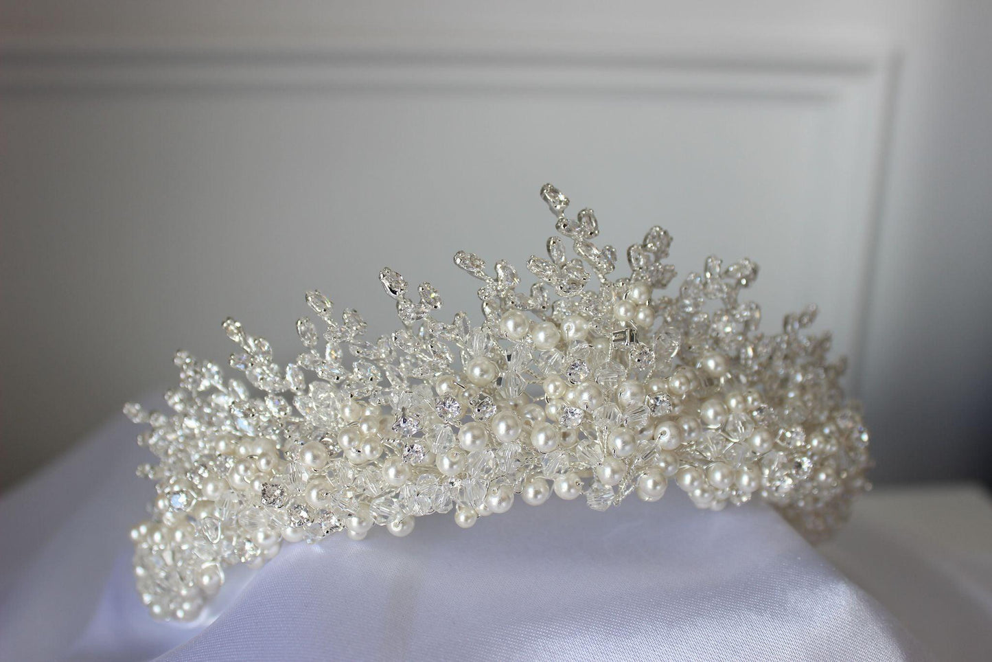 PRE-ORDER "SAMARA" Crystal & Pearl Bridal Crown - Silver