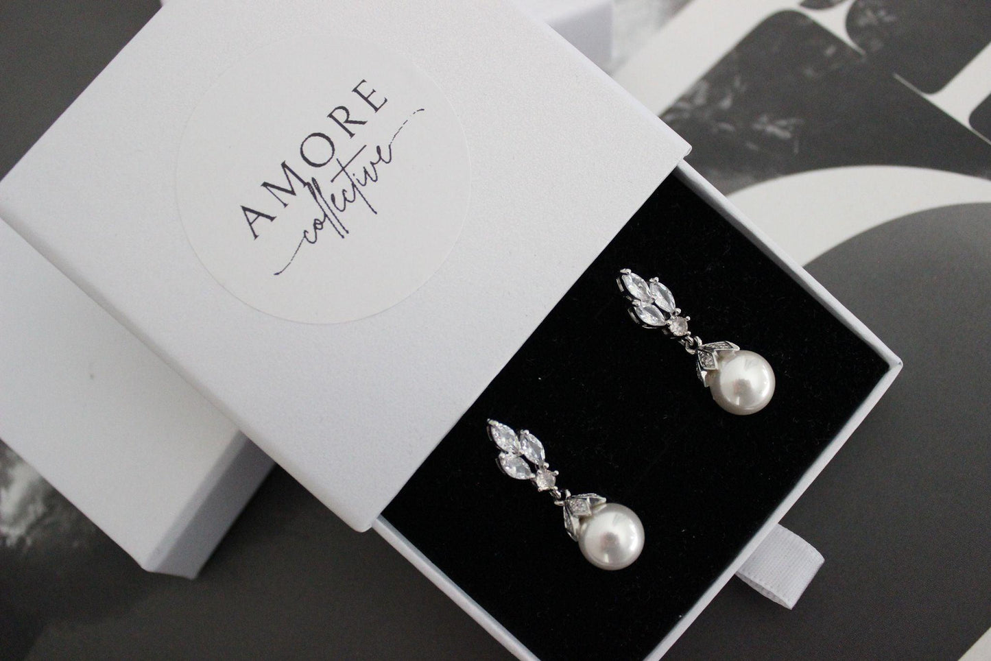 "FLORA" Pearl Drop Crystal Silver Earrings