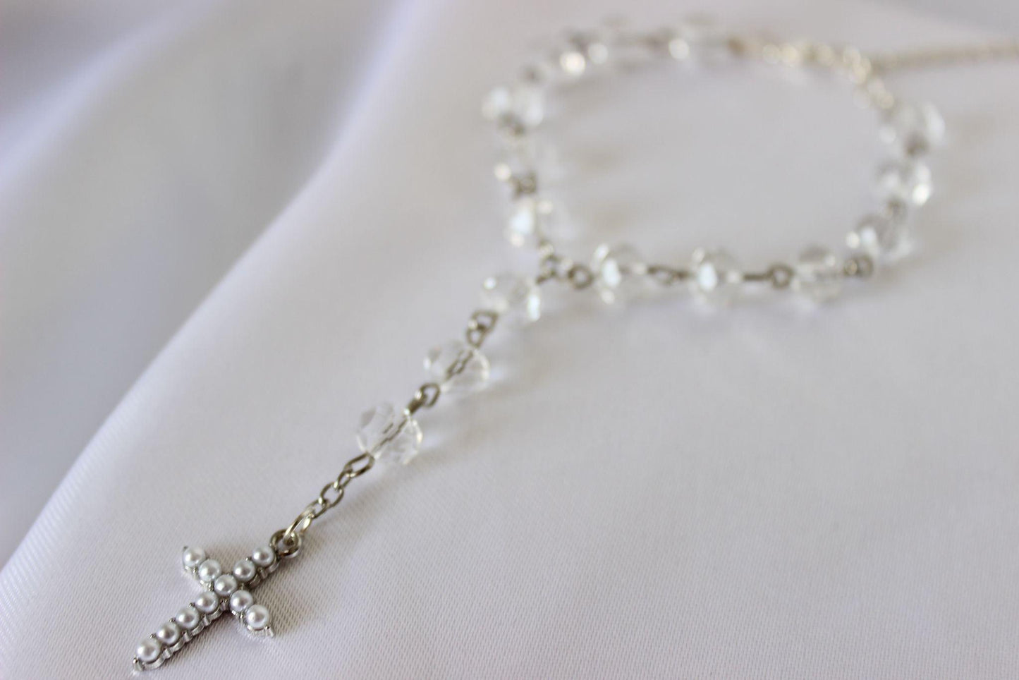 Bridal Rosary Bracelet with Crystals and Pearl Cross (No Emblem)