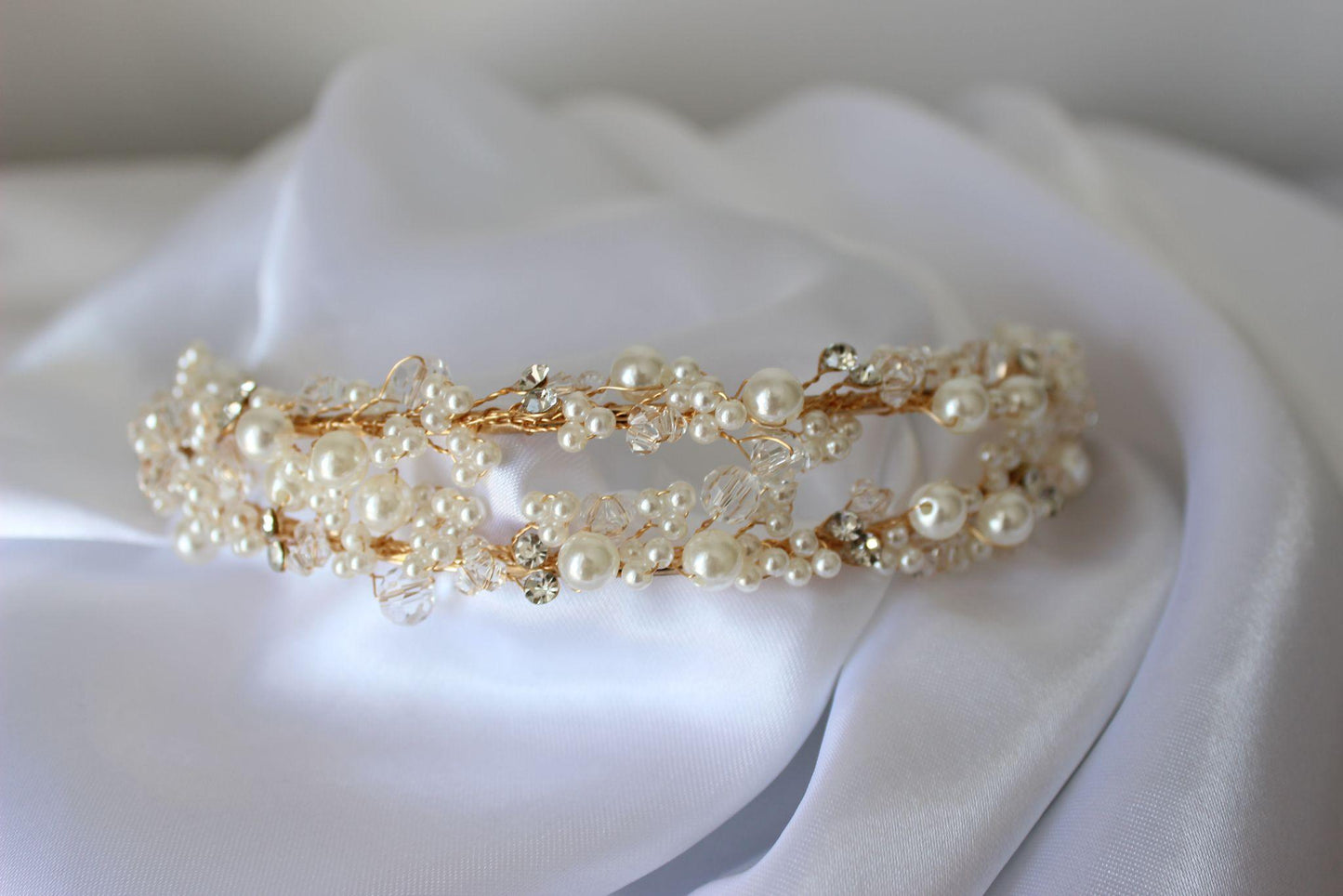 "LEAH" Pearl and Crystal Bridal Headpiece - Gold