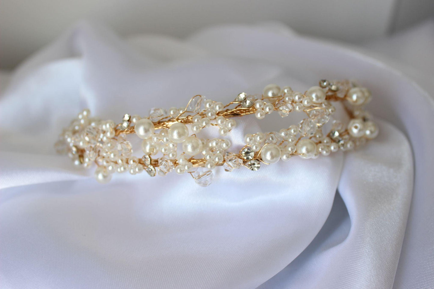 "LEAH" Pearl and Crystal Bridal Headpiece - Gold