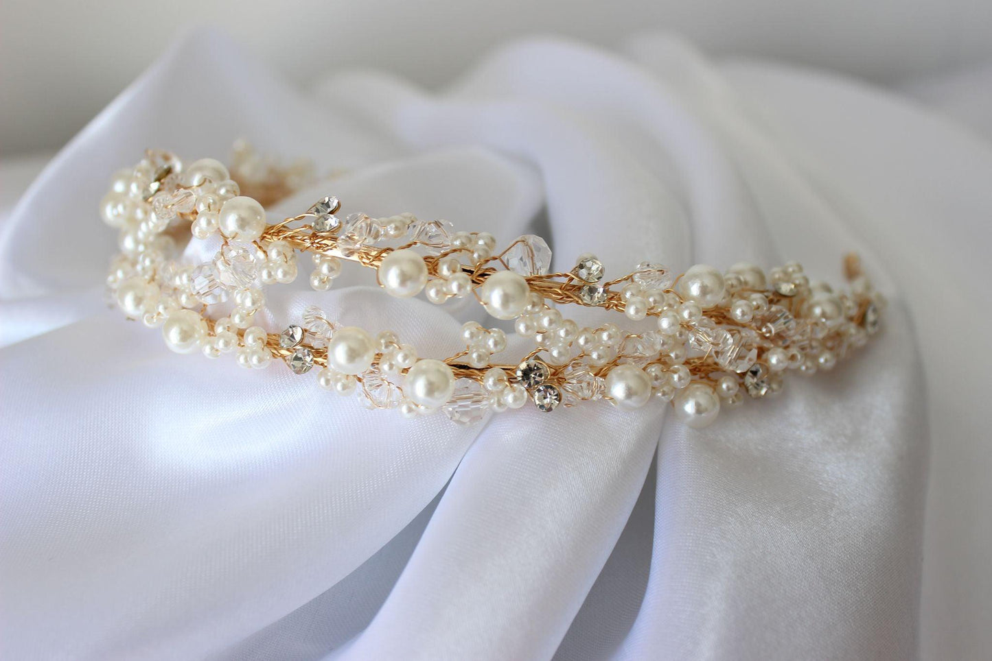 "LEAH" Pearl and Crystal Bridal Headpiece - Gold
