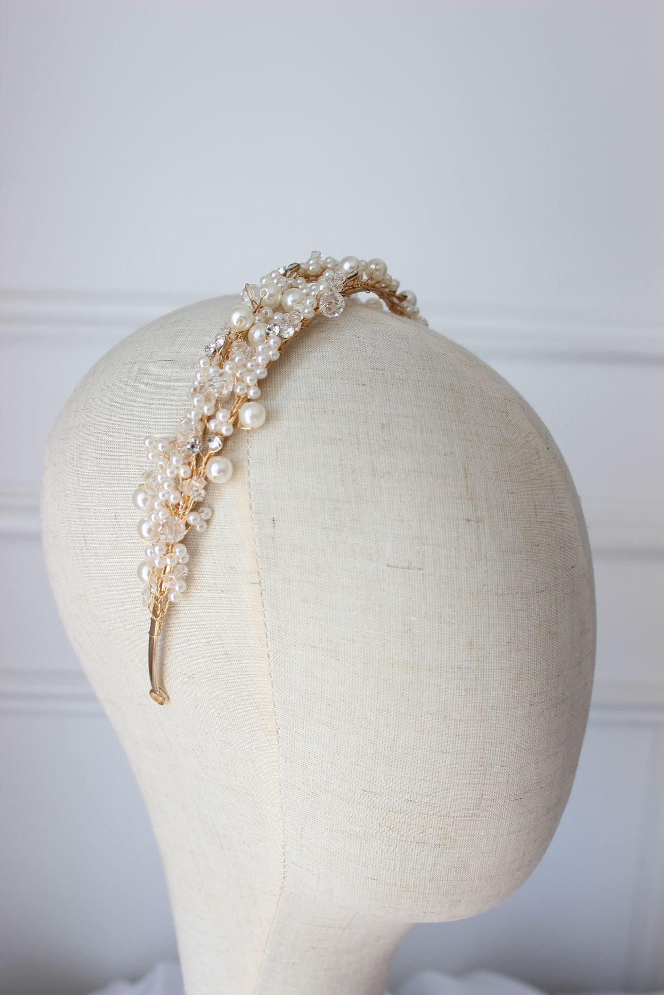 "LEAH" Pearl and Crystal Bridal Headpiece - Gold