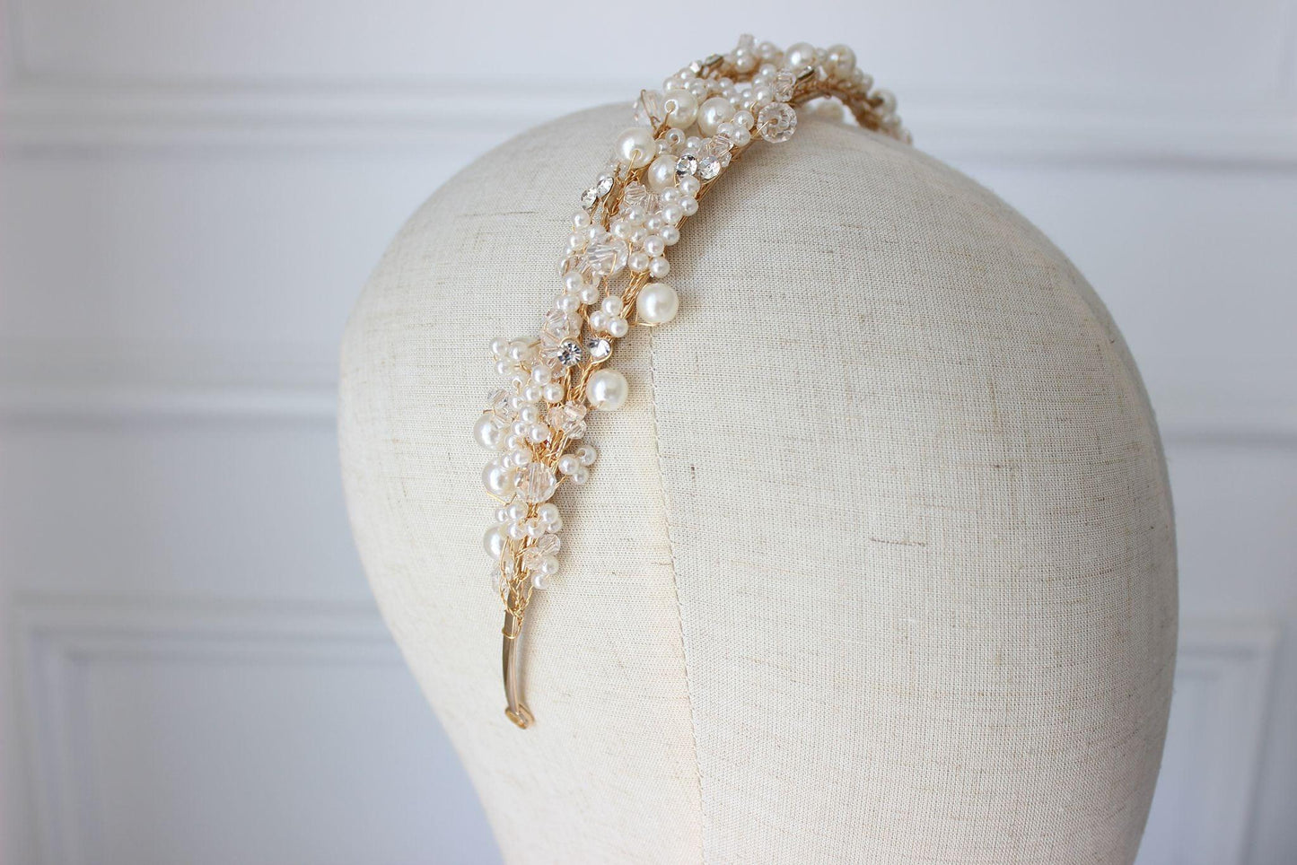"LEAH" Pearl and Crystal Bridal Headpiece - Gold