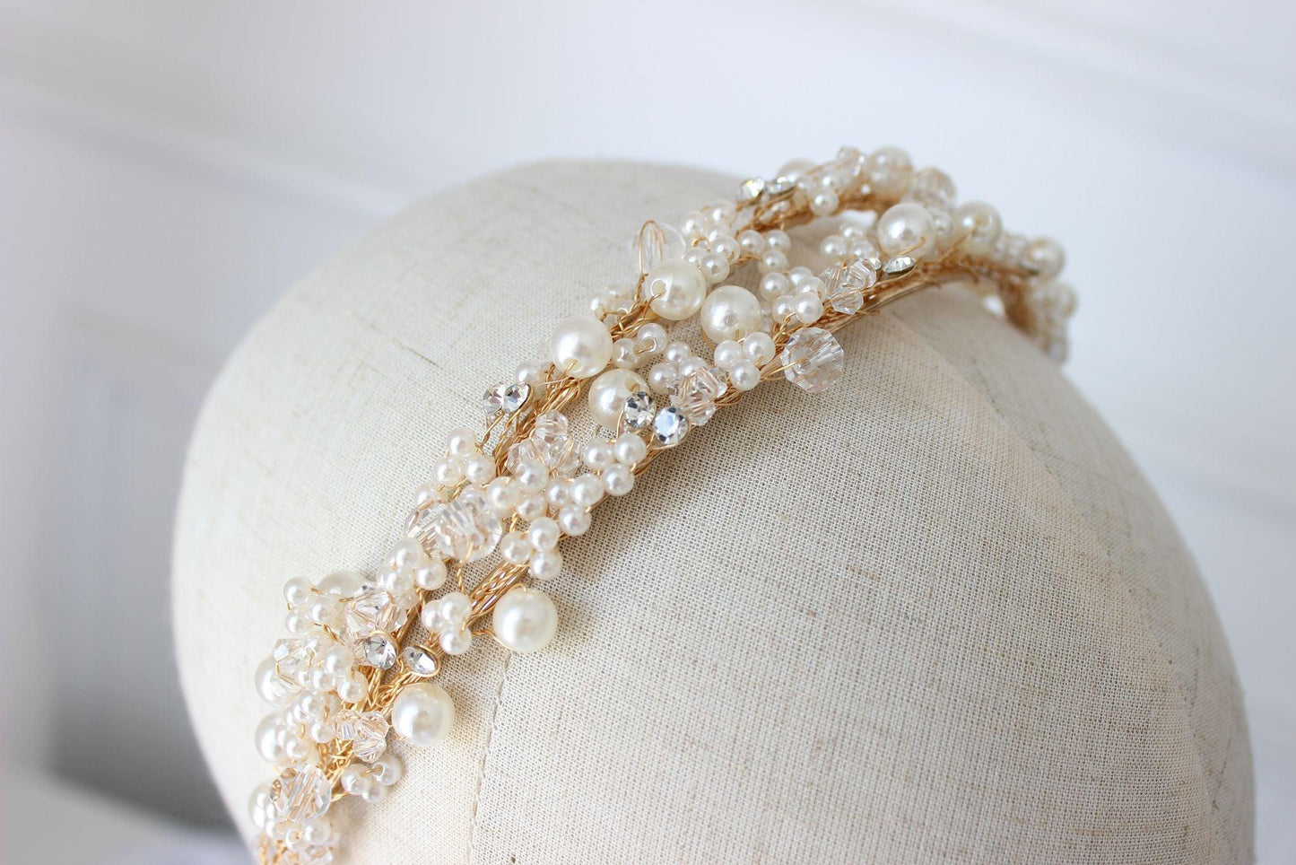 "LEAH" Pearl and Crystal Bridal Headpiece - Gold