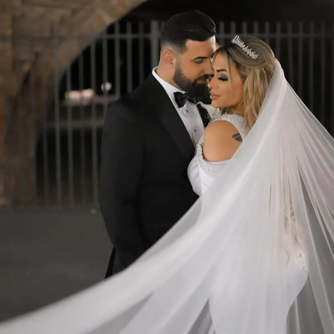 Bride wearing silver bridal tiara