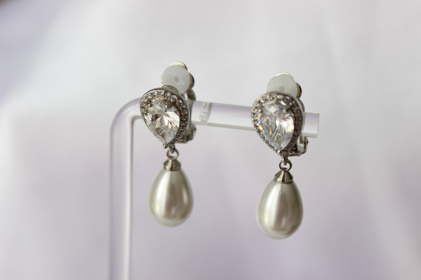Pearl drop silver clip on earrings
