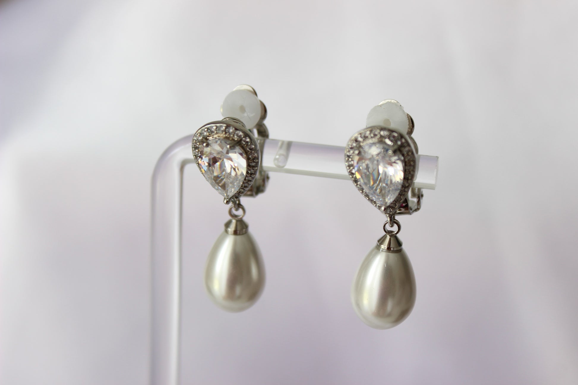 Pearl drop silver clip on earrings