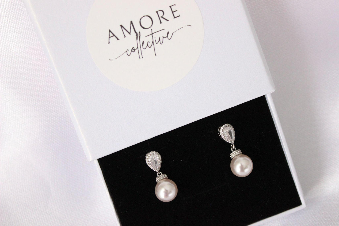 Bianca Mini Light Pink Pearl Drop Earrings in jewellery box
