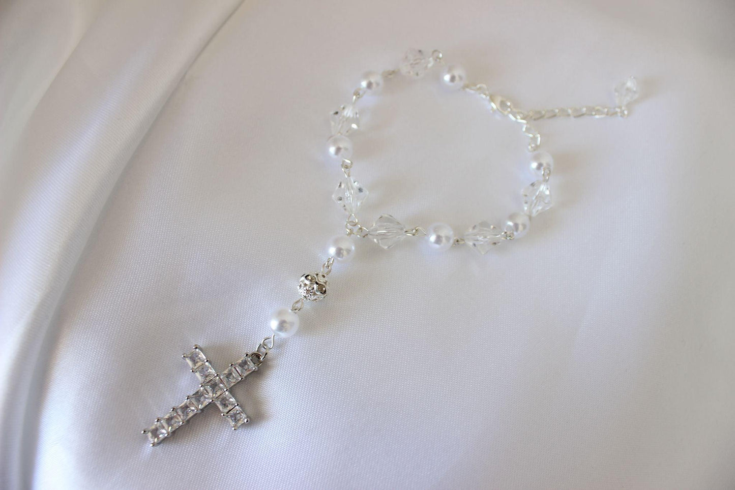 bridal rosary bracelet pearls crystals white background