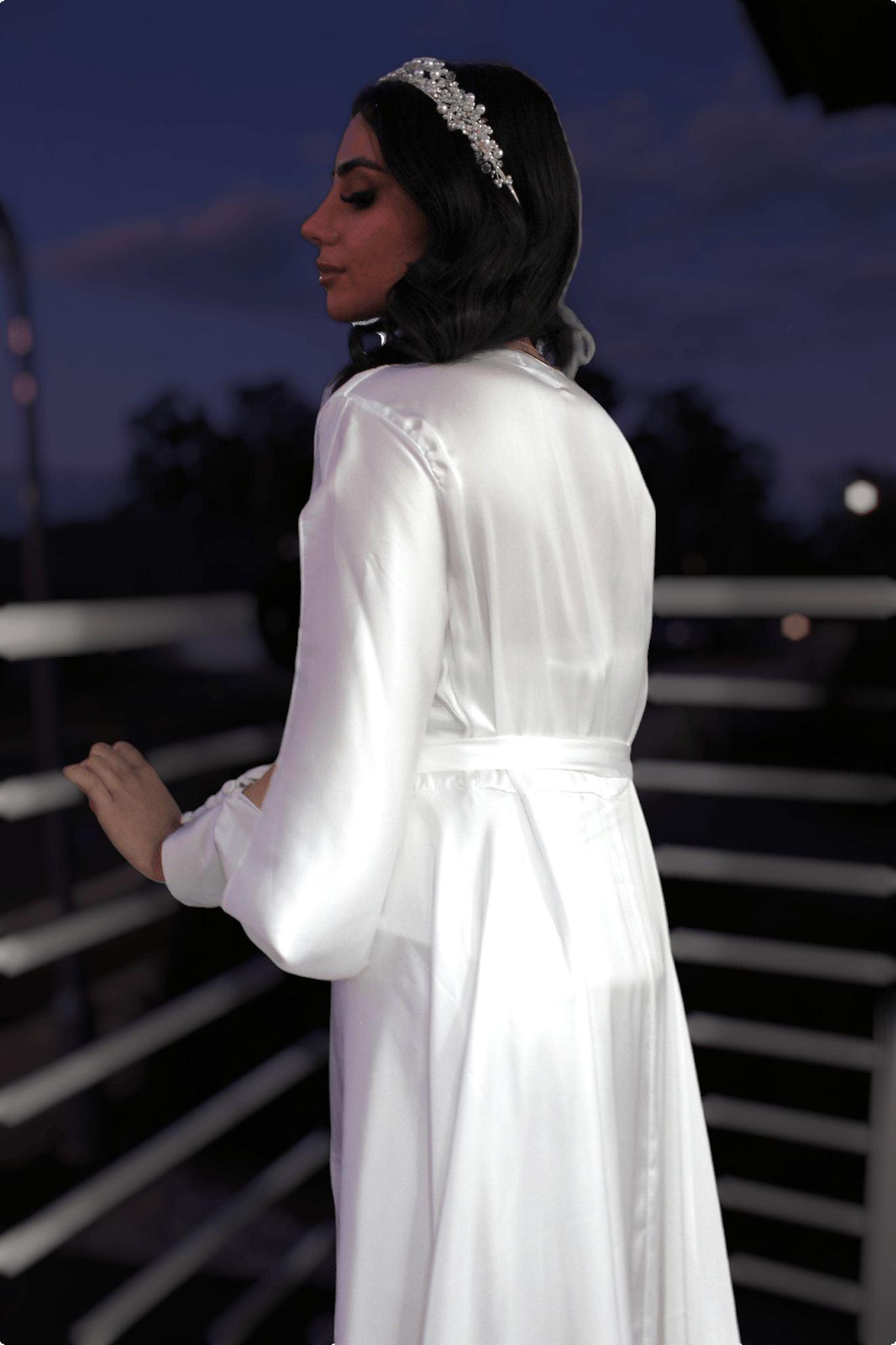 Back view of bride wearing Angel Spliced Sleeve Chiffon gown