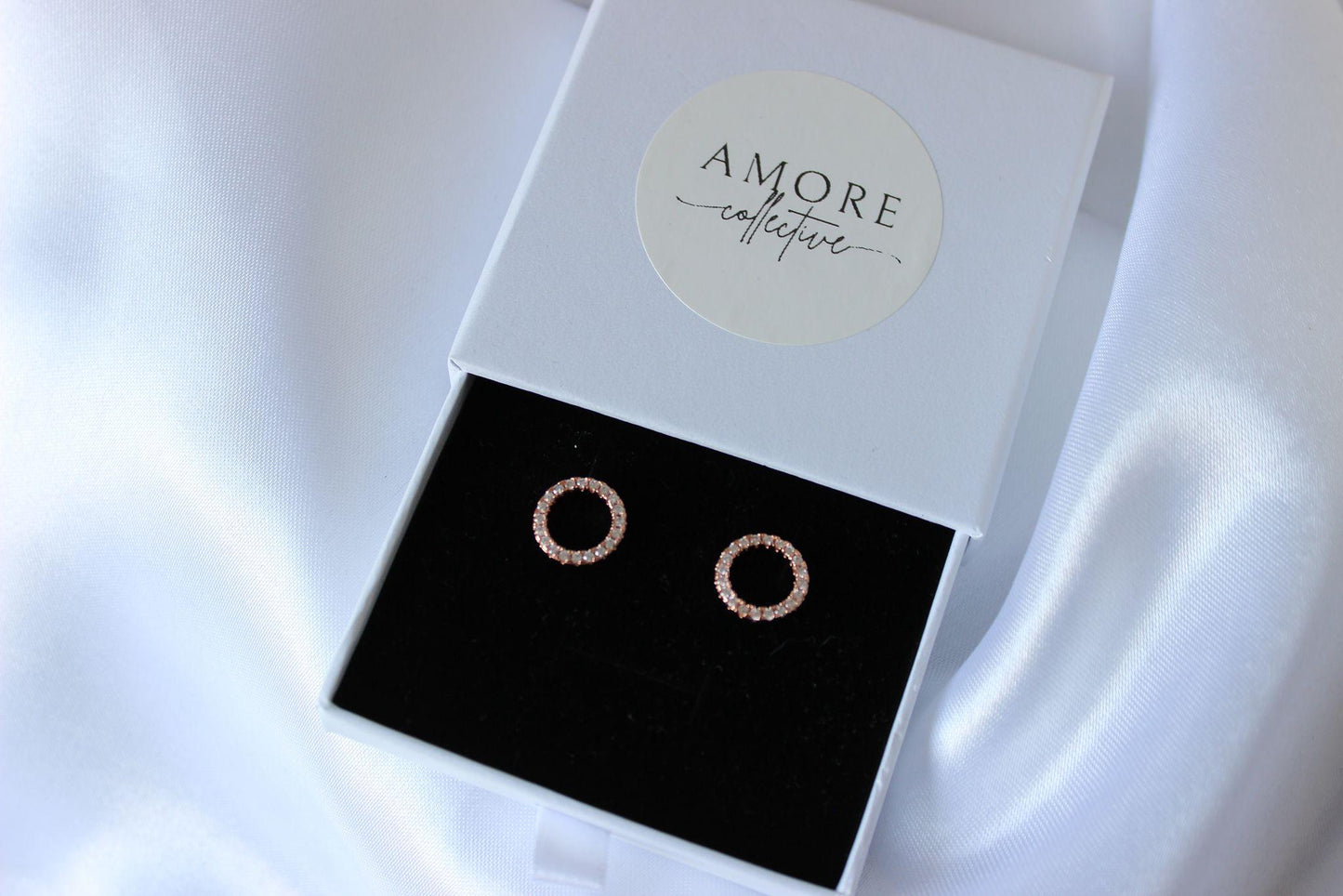 Darla rose gold stud earrings in jewellery box