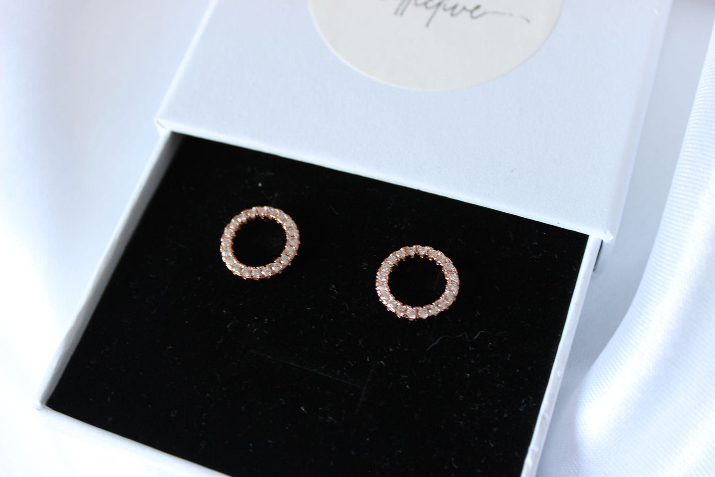 Darla rose gold stud earrings in jewellery box