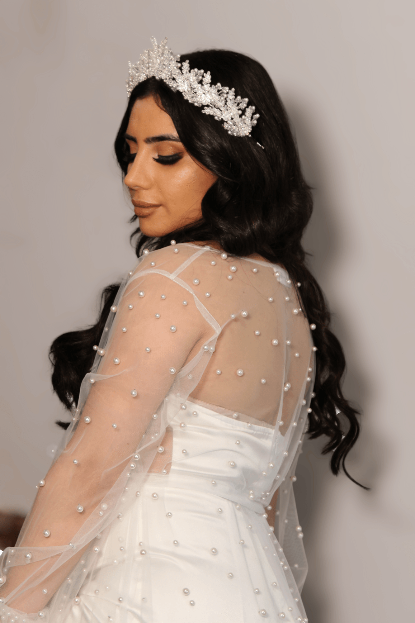 elira bridal crown on bride posing sideways