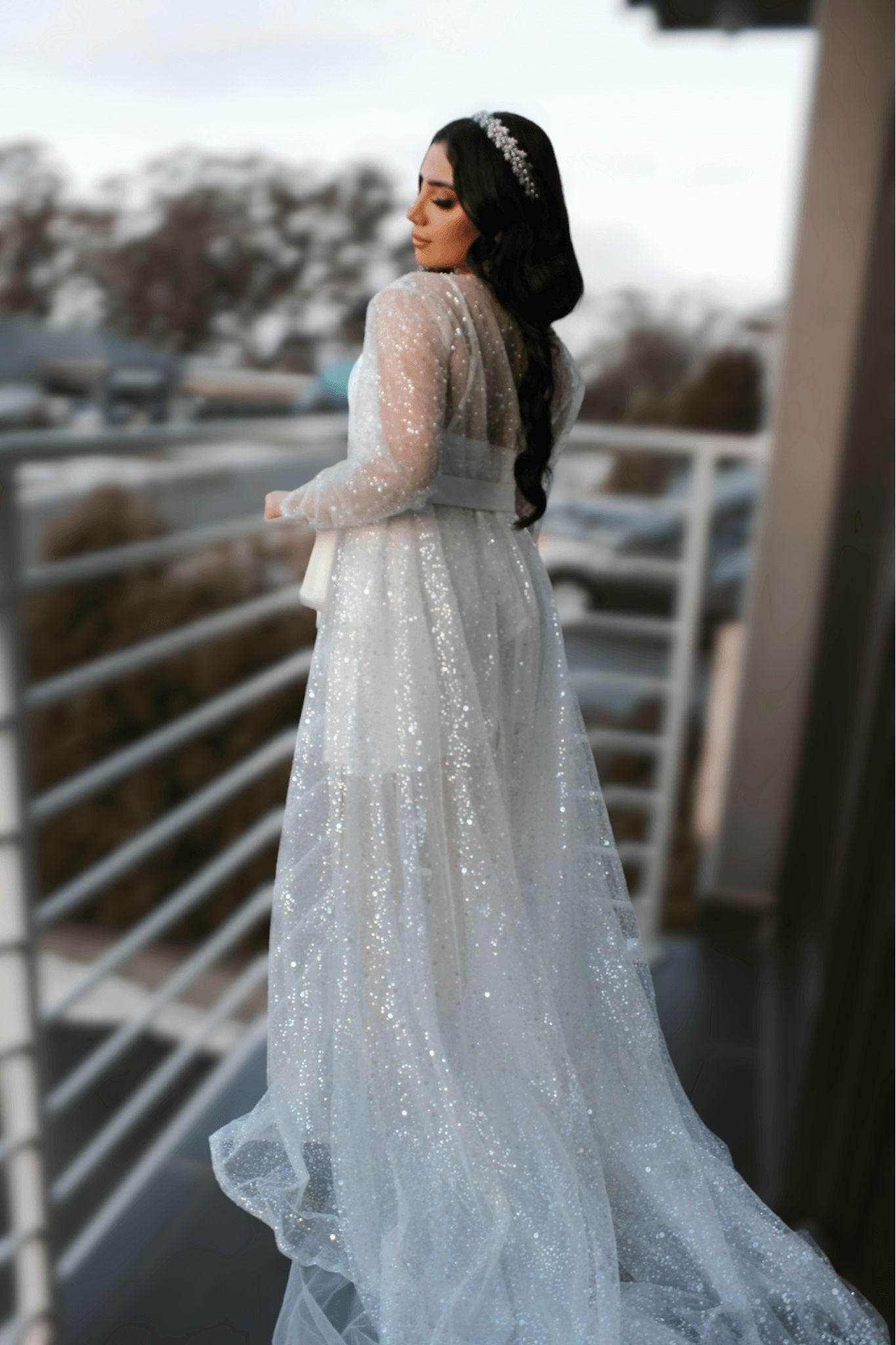Model wearing the Veronique Sequins Bridal Robe looking sideways