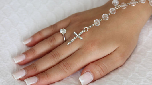 Rosary Bracelet being worn by bride on her hand