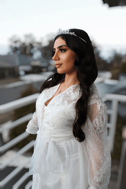 Ariana Lace robe on bride wearing a tiara