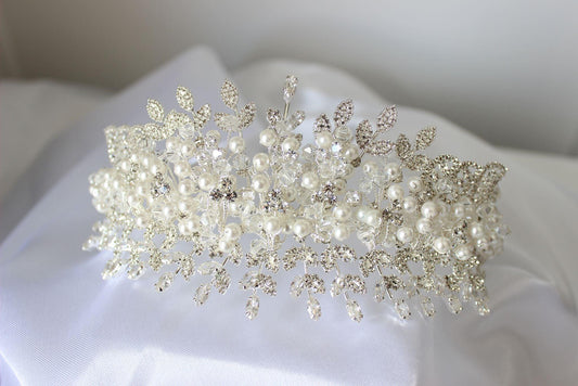 Eliana crystal & pearl silver bridal headpiece