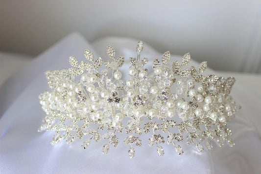Eliana crystal & pearl silver bridal headpiece