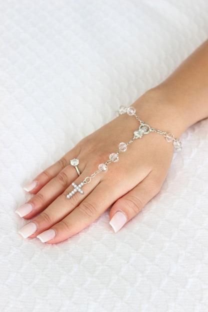Bridal rosary bracelet with crystals and pearl cross