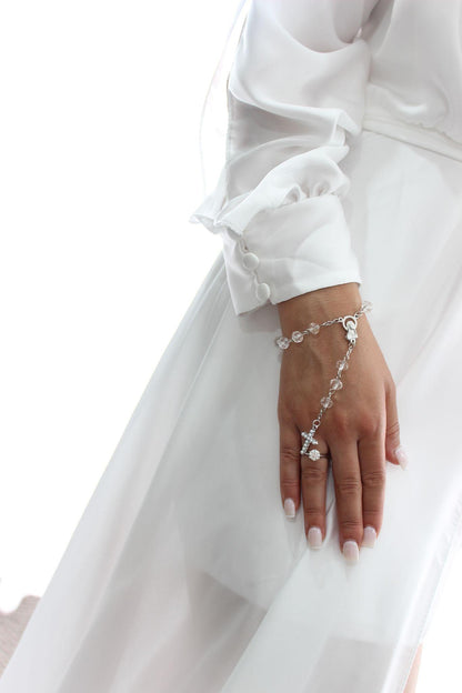 Bridal rosary bracelet with crystals and pearl cross