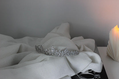 silver bridal tiara with marquise cut cubic stones