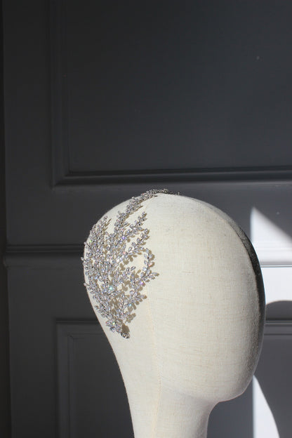 Silver bridal headpiece on mannequin