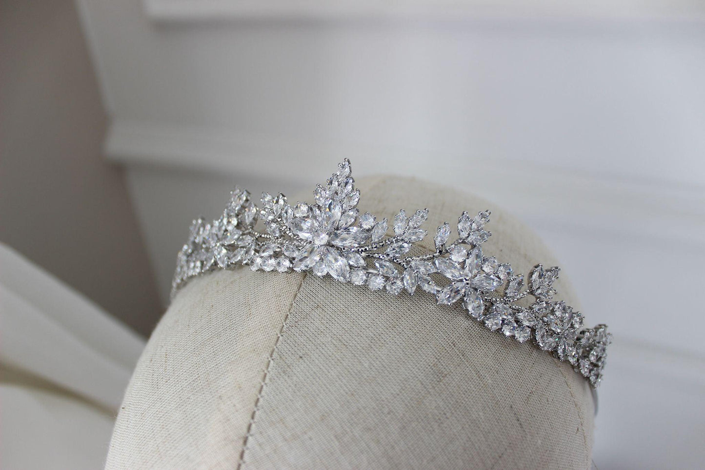 Silver bridal crown on mannequin