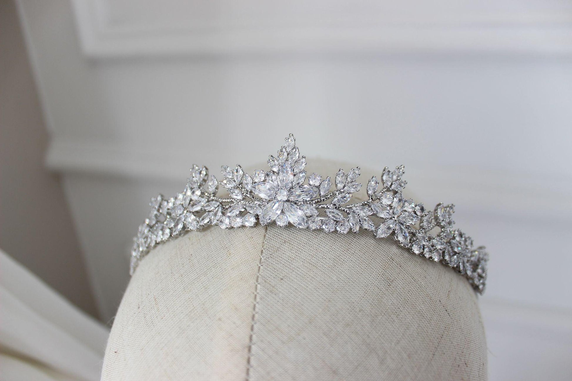 Cubic zirconia bridal crown on mannequin