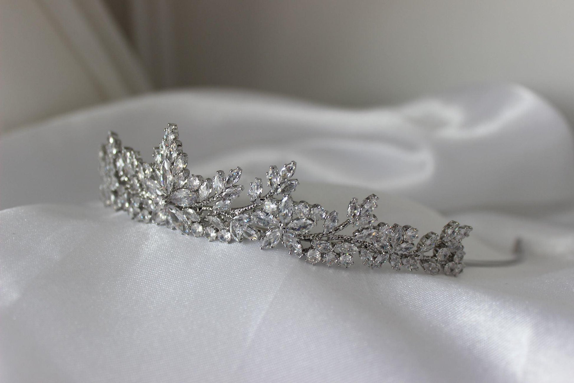 Cubic zirconia bridal tiara on mannequin