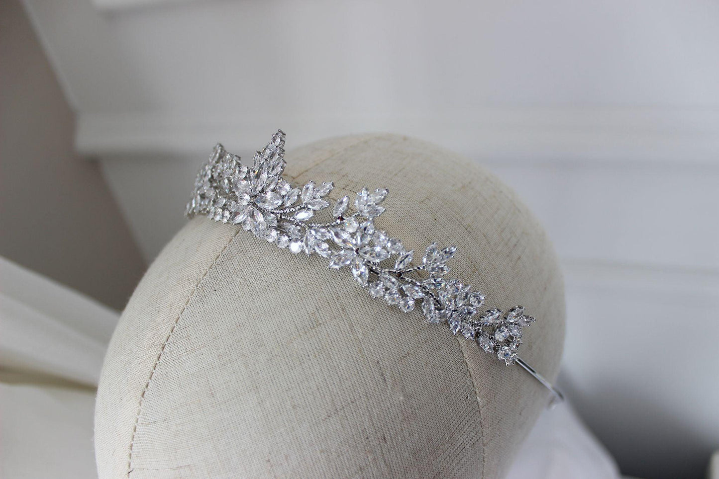 Cubic zirconia bridal crown on mannequin