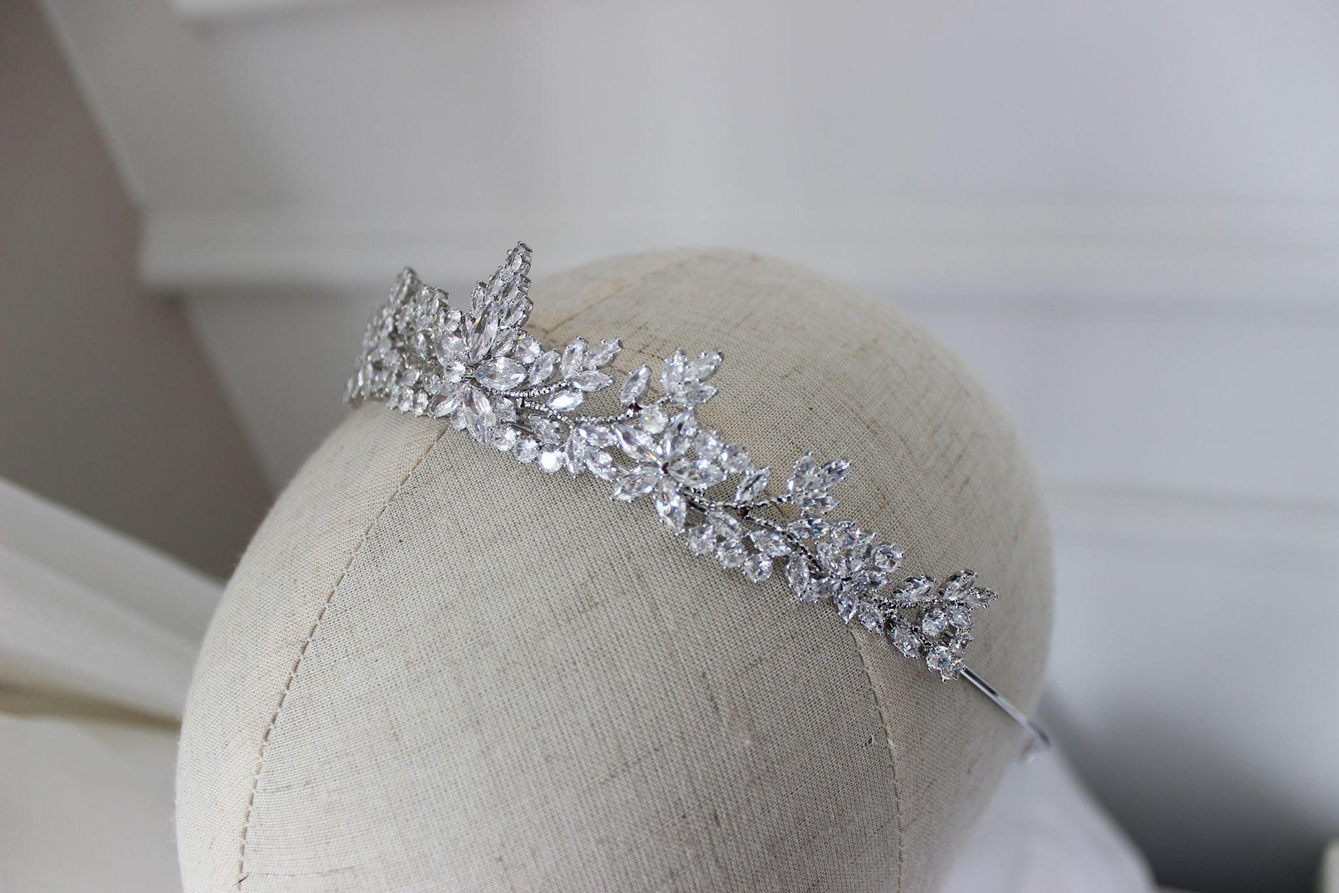 Cubic zirconia bridal crown on mannequin