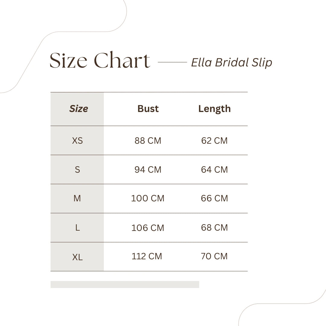 Wedding slip size chart