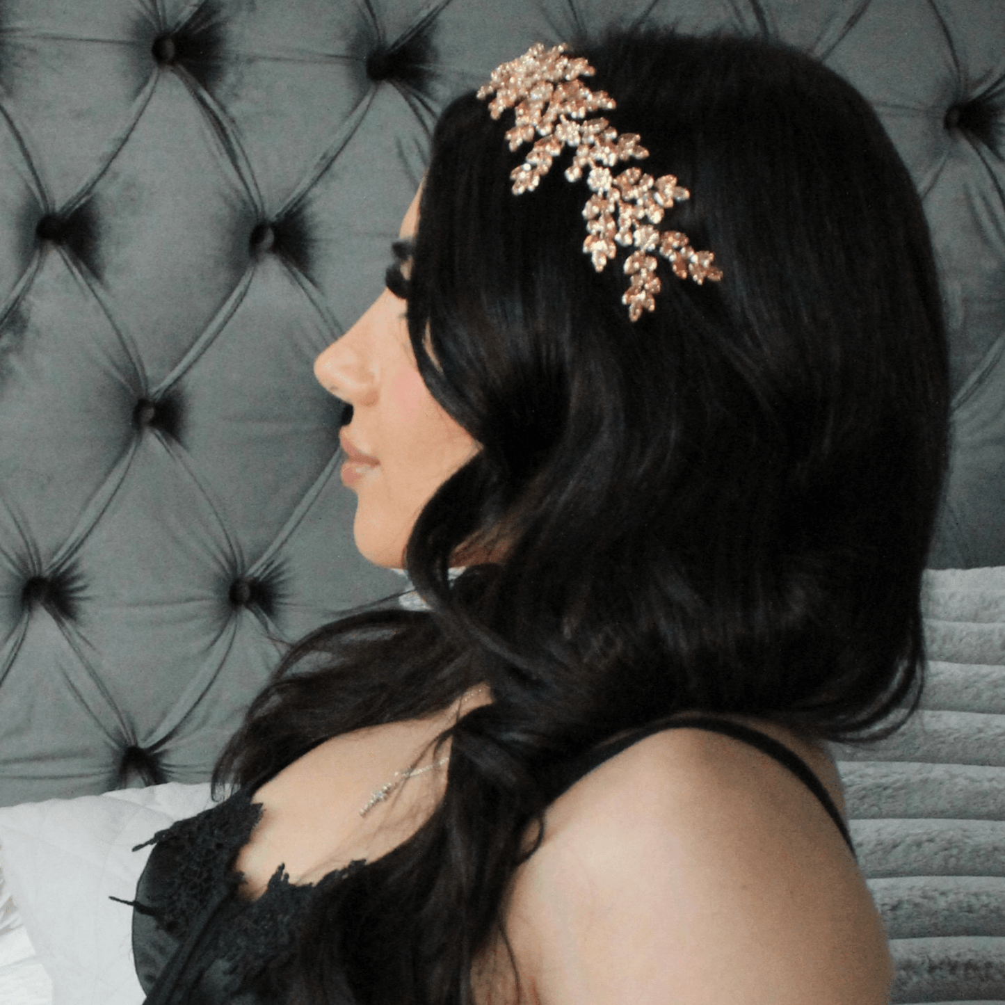 Honey Gold Bridal Headpiece on a bridal sitting in bed on