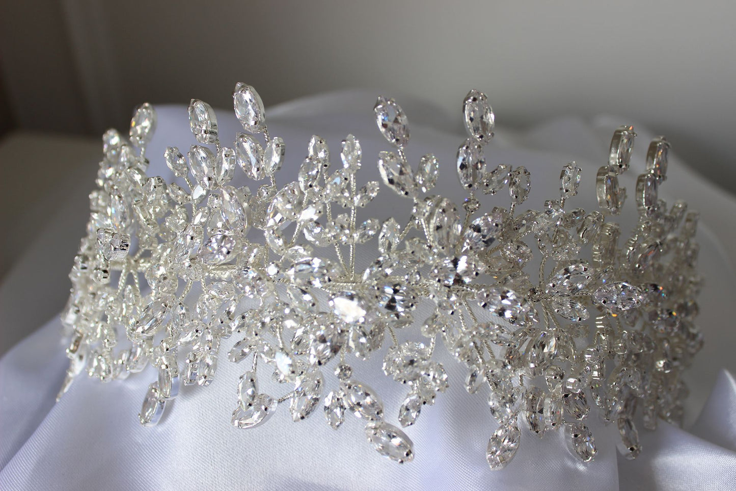 Grace Couture silver wedding headpiece with crystal leaf design