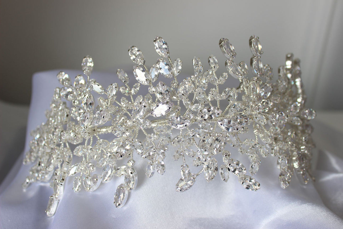 Grace Couture silver wedding headpiece with crystal leaf design