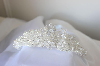 "MIRNA" Pearl & Crystal Bridal Crown - Silver