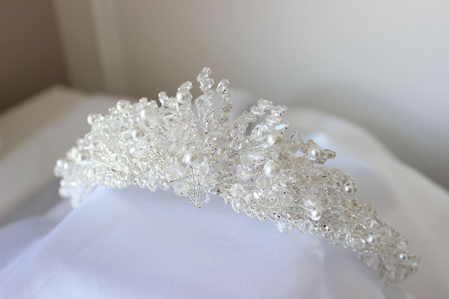 "MIRNA" Pearl & Crystal Bridal Crown - Silver