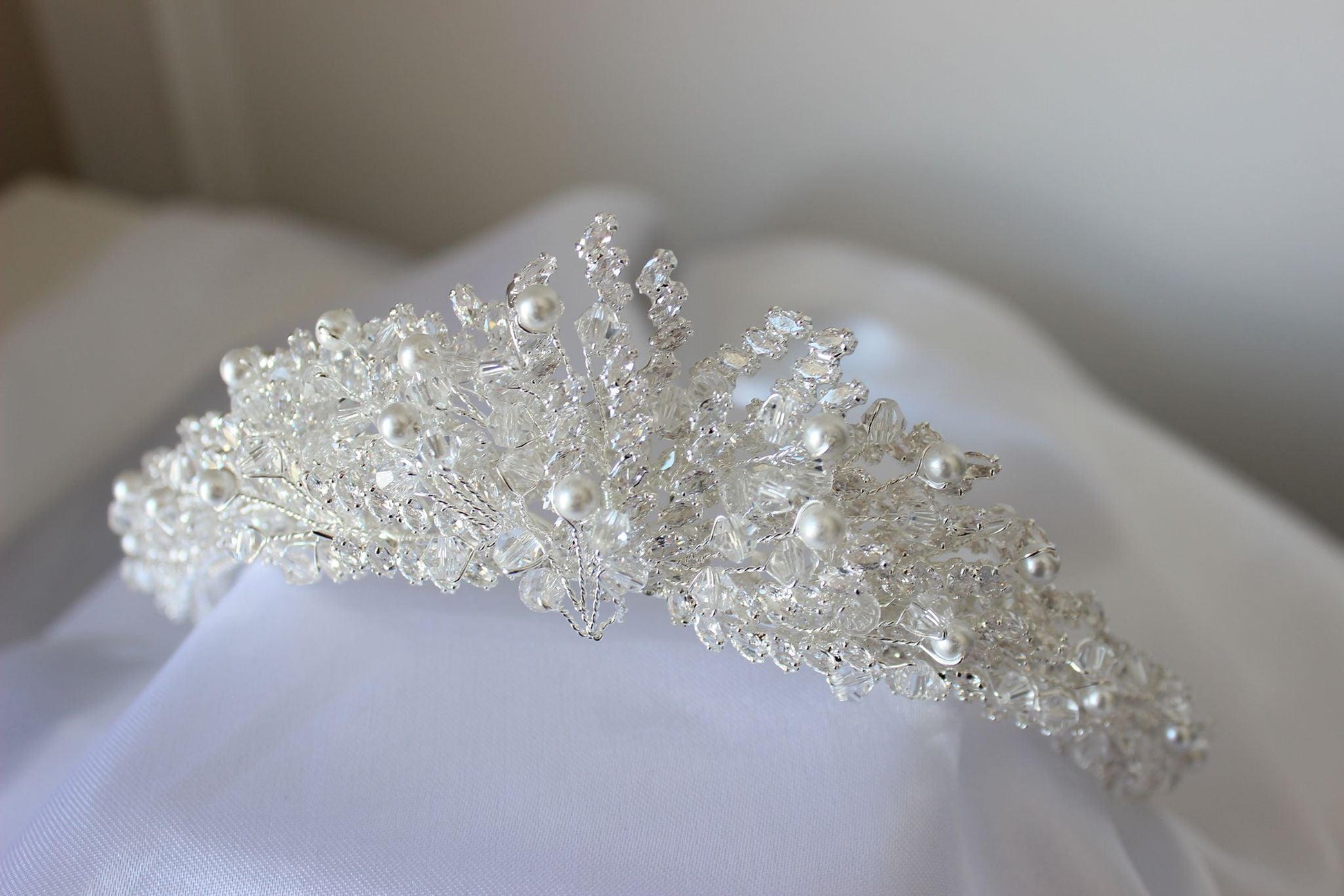 "MIRNA" Pearl & Crystal Bridal Crown - Silver