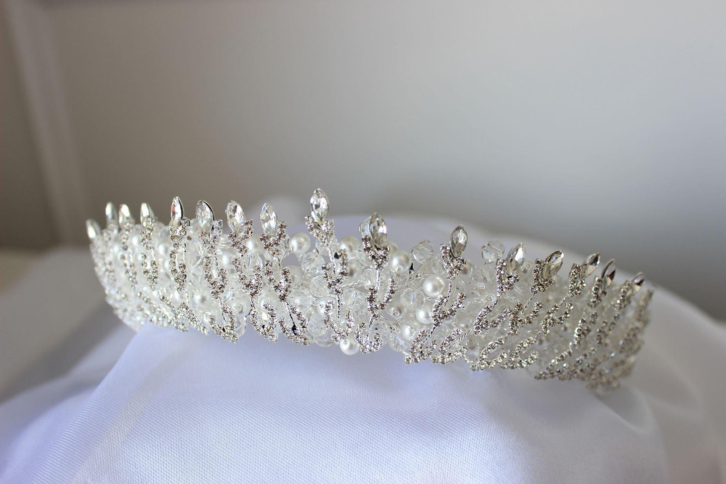 "THEA" Pearl & Crystal Bridal Crown - Silver