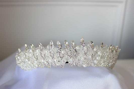 "THEA" Pearl & Crystal Bridal Crown - Silver