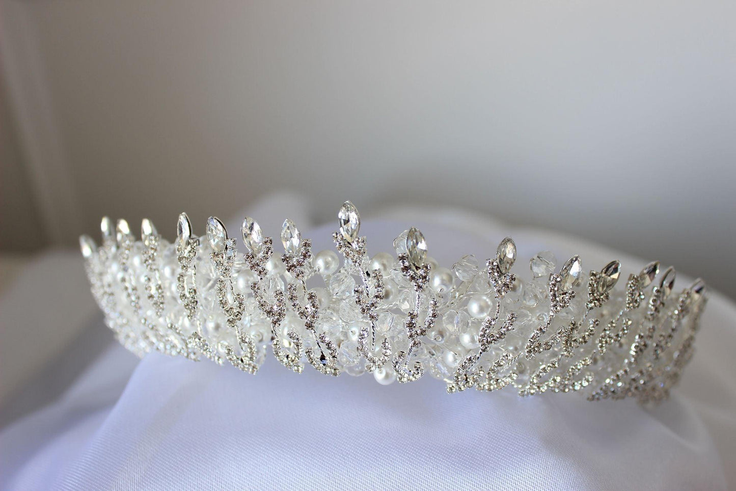 "THEA" Pearl & Crystal Bridal Crown - Silver