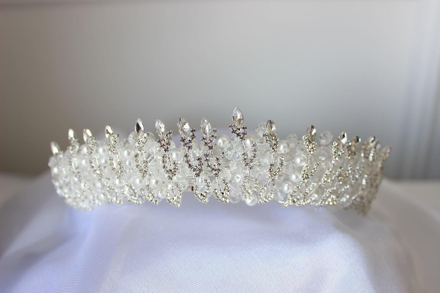 "THEA" Pearl & Crystal Bridal Crown - Silver