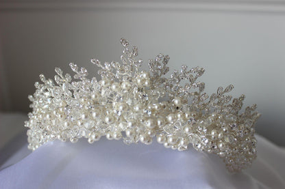 HIRE "SAMARA" Crystal & Pearl Bridal Crown - Silver