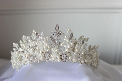 "ANDREA" Crystal & Pearl Bridal Crown - Silver